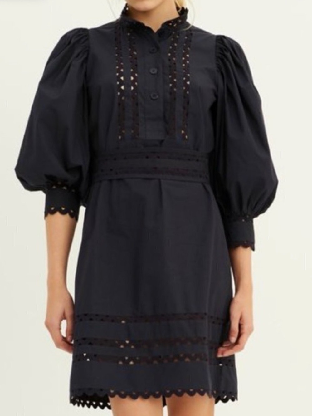 Navy Puff-Sleeve Eyelet Dress - Women